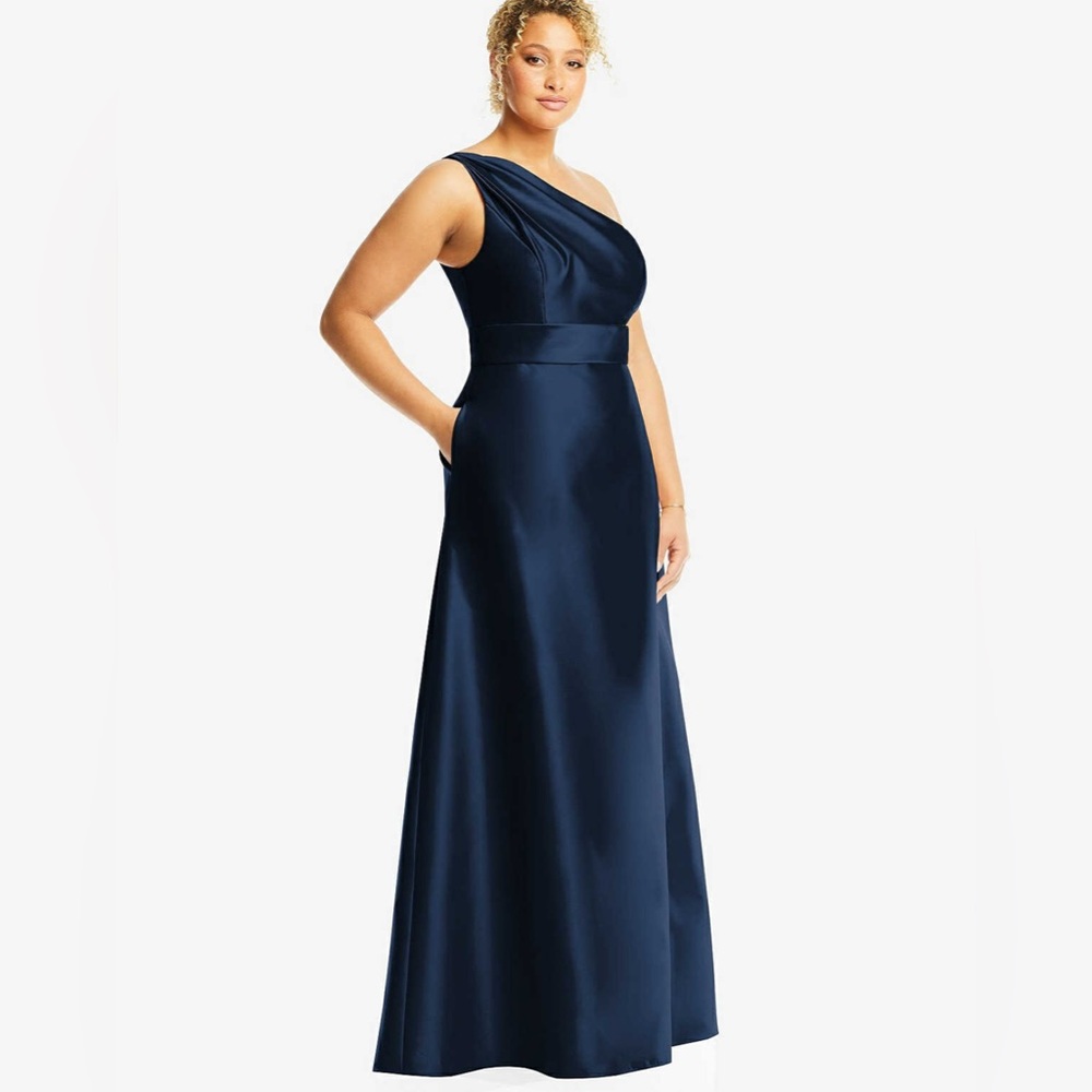 NEW Alfred Sung D815S Navy Blue One-Shoulder Dress, Size 14